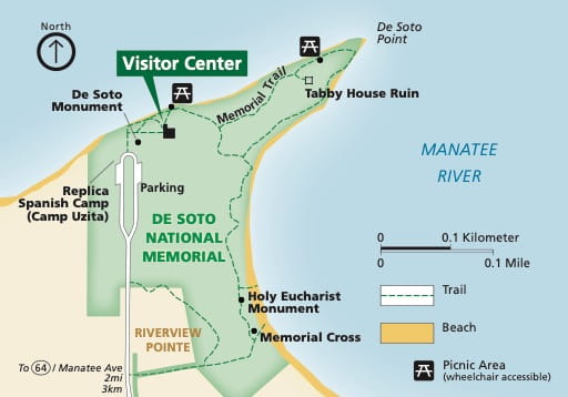 Official visitor map of De Soto National Memorial (NMEM) in Florida. Published by the National Park Service (NPS).