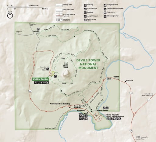 Official visitor map of Devils Tower National Monument (NM) in Wyoming. Published by the National Park Service (NPS).