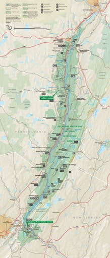 Official visitor map of Delaware Water Gap National Recreation Area (NRA) in New Jersey and Pennsylvania. Published by the National Park Service (NPS).