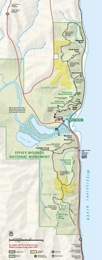 Official visitor map of Effigy Mounds National Monument (NM) in Iowa. Published by the National Park Service (NPS).