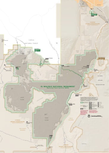 Official visitor map of El Malpais National Monument (NM) in New Mexico. Published by the National Park Service (NPS).
