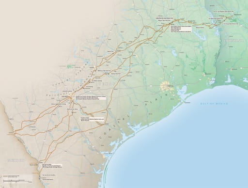 Official visitor map of El Camino Real de los Tejas National Historic Trail (NHT) in Texas and Louisiana. Published by the National Park Service (NPS).