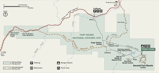 Official visitor map of Fort Bowie National Historic Site (NHS) in Arizona. Published by the National Park Service (NPS).