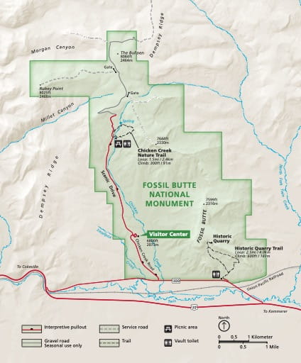 Official visitor map of Fossil Butte National Monument (NM) in Wyoming. Published by the National Park Service (NPS).