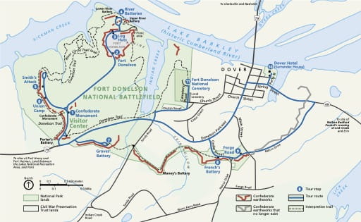 Official visitor map of Fort Donelson National Battlefield (NB) in Kentucky and Tennessee. Published by the National Park Service (NPS).
