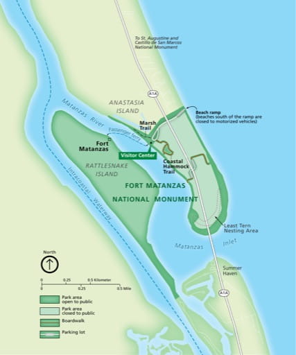 Official Visitor Map of Fort Matanzas National Monument (NM) in Florida. Published by the National Park Service (NPS).