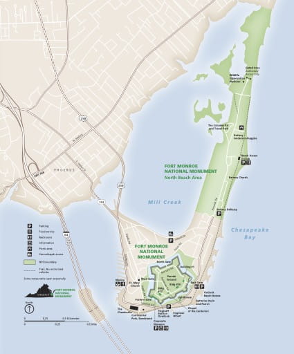 Official visitor map of Fort Monroe National Monument (NM) in South Carolina. Published by the National Park Service (NPS).