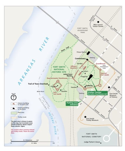 Official visitor map of Fort Smith National Historic Site (NHS) in Arkansas and Oklahoma. Published by the National Park Service (NPS).
