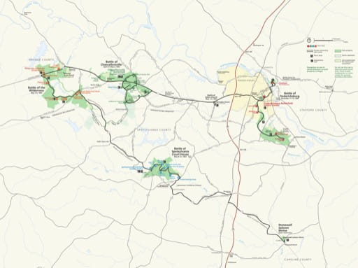 Official visitor map of Fredericksburg & Spotsylvania National Military Park (NMP) in Virginia. Published by the National Park Service (NPS).