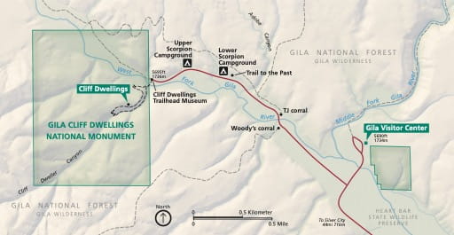 Official visitor map of Gila Cliff Dwellings National Monument (NM) in New Mexico. Published by the National Park Service (NPS).