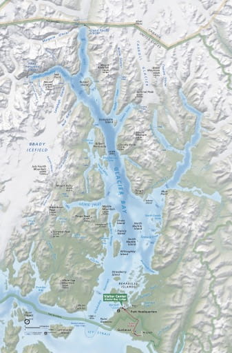 Detail of the official visitor map of Glacier Bay National Park & Preserve (NP & PRES) in Alaska. Published by the National Park Service (NPS).