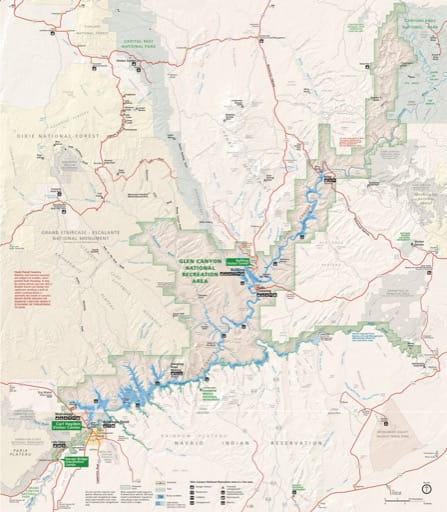 Official Visitor Map of Glen Canyon National Recreation Area (NRA) in Arizona and Utah. Published by the National Park Service (NPS).