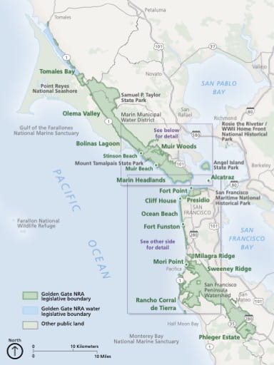 Official visitor map of Golden Gate National Recreation Area (NRA) in California. Published by the National Park Service (NPS).