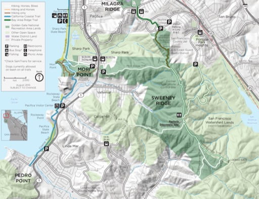 Official visitor map of Sweeney Ridge in Golden Gate National Recreation Area (NRA) in California. Published by the National Park Service (NPS).