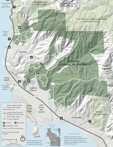 Official visitor map of Rancho Corral de Tierra in Golden Gate National Recreation Area (NRA) in California. Published by the National Park Service (NPS).