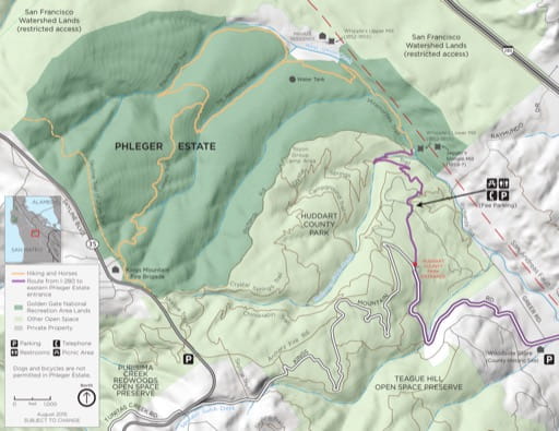 Official visitor map of Phleger Estate in Golden Gate National Recreation Area (NRA) in California. Published by the National Park Service (NPS).