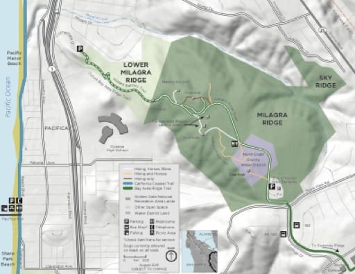 Official visitor map of Milagra Ridge in Golden Gate National Recreation Area (NRA) in California. Published by the National Park Service (NPS).