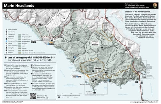 Visitor Map of Marin Headlands at Golden Gate National Recreation Area (NRA) in California. Published by the National Park Service (NPS).