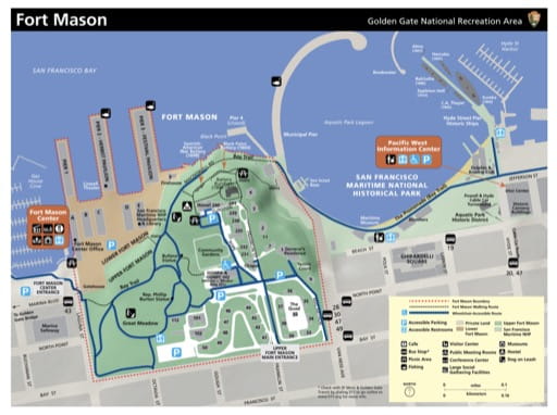 Visitor Map of Fort Mason at Golden Gate National Recreation Area (NRA) in California. Published by the National Park Service (NPS).