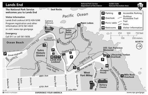 Visitor Map of Lands End at Golden Gate National Recreation Area (NRA) in California. Published by the National Park Service (NPS).
