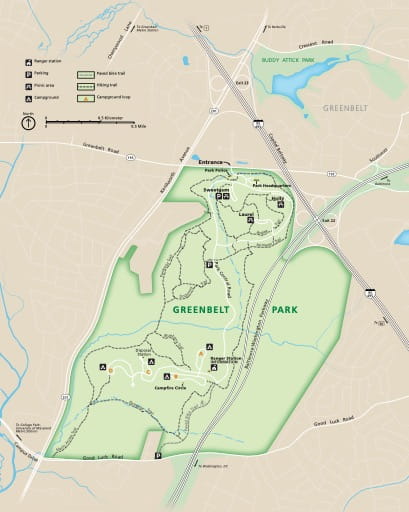 Official visitor map of Greenbelt Park in Maryland. Published by the National Park Service (NPS).