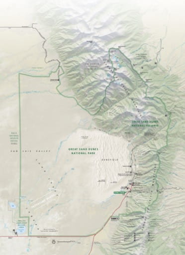 Official visitor map of Great Sand Dunes National Park and Preserve (NP & PRES) in Colorado. Published by the National Park Service (NPS).