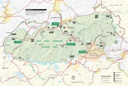 Official visitor map of Great Smoky Mountains National Park (NP) in North Carolina and Tennessee. Published by the National Park Service (NPS).