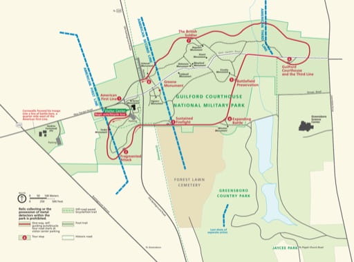 Official visitor map of Guilford Courthouse National Military Park (NMP) in North Carolina. Published by the National Park Service (NPS).