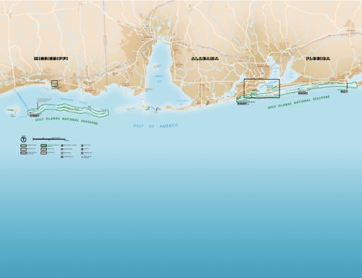 Official Visitor Map of Gulf Islands National Seashore (NS) in Florida and Mississippi. Published by the National Park Service (NPS).