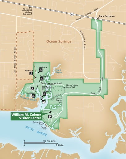 Detail of Davis Bayou of the official visitor map of Gulf Islands National Seashore (NS) in Florida and Mississippi. Published by the National Park Service (NPS).