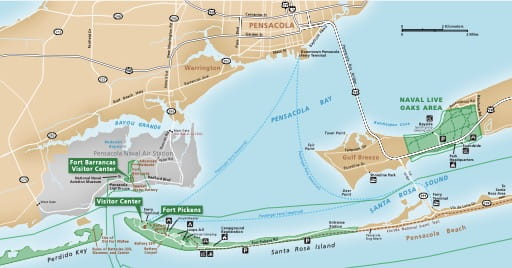 Detail of Pensacola Bay of the official visitor map of Gulf Islands National Seashore (NS) in Florida and Mississippi. Published by the National Park Service (NPS).