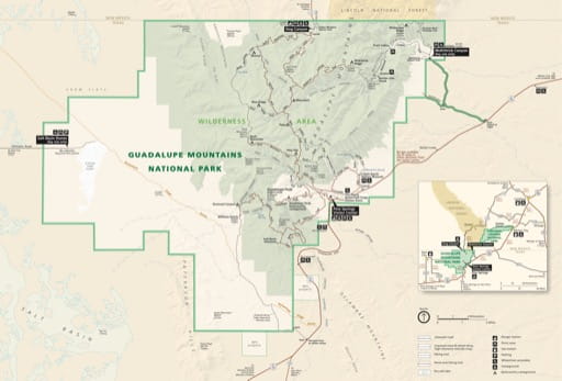 Official visitor map of Guadalupe Mountains National Park in Texas. Published by the National Park Service (NPS).