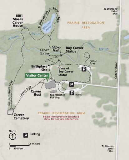 Official Visitor Map of George Washington Carver National Monument (NM) in Missouri. Published by the National Park Service (NPS).