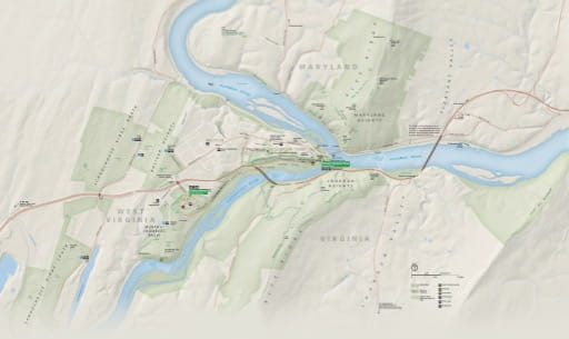 Official visitor map of Harpers Ferry National Historical Park (NHP) in West Virginia, Virginia, Maryland. Published by the National Park Service (NPS).