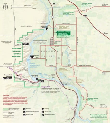 Official visitor map of Hagerman Fossil Beds National Monument (NM) in Idaho. Published by the National Park Service (NPS).