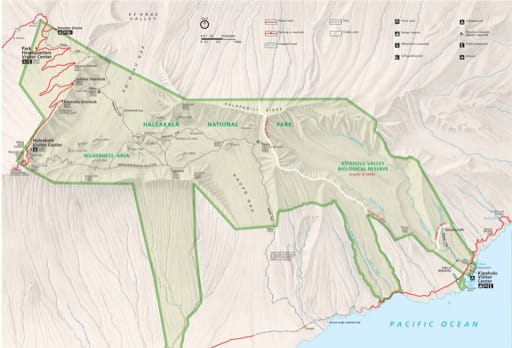 Official visitor map of Haleakalā National Park (NP) in Hawaiʻi. Published by the National Park Service (NPS).
