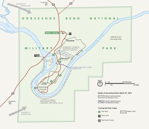 Official visitor map of Horseshoe Bend National Military Park (NMP) in Alabama. Published by the National Park Service (NPS).