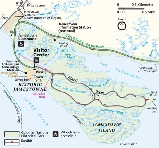 Official visitor map of Jamestowne National Historical Park (NHP) in Virginia, part of Colonial National Historical Park (NHP). Published by the National Park Service (NPS).