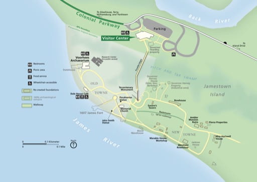 Detail of the official visitor map of Jamestowne National Historical Park (NHP), part of Colonial National Historical Park (NHP) in Virginia. Published by the National Park Service (NPS).