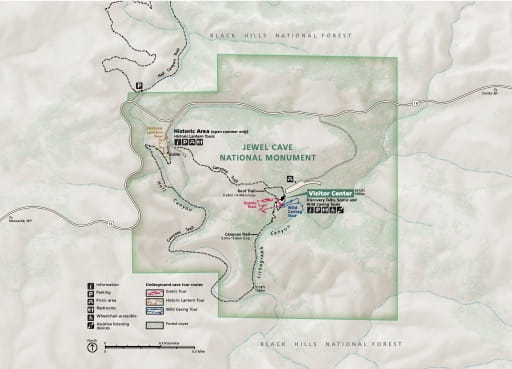 Official visitor map of Jewel Cave National Monument (NM) in South Dakota. Published by the National Park Service (NPS).