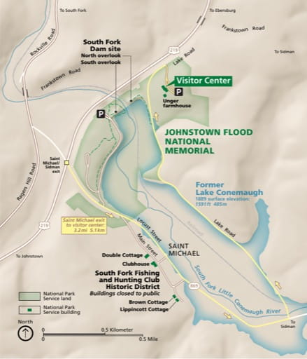 Official visitor map of Johnstown Flood National Memorial (NMEM) in Pennsylvania. Published by the National Park Service (NPS).