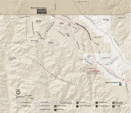 Detail map of Black Rock Canyon in Joshua Tree National Park (NP) in California. Published by the National Park Service (NPS).