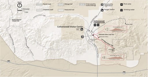 Detail map of Cottonwood in Joshua Tree National Park (NP) in California. Published by the National Park Service (NPS).