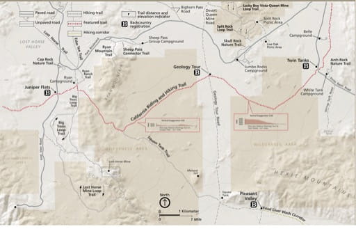 Detail map of the Geology Tour in Joshua Tree National Park (NP) in California. Published by the National Park Service (NPS).