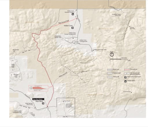Detail map of Keys West in Joshua Tree National Park (NP) in California. Published by the National Park Service (NPS).