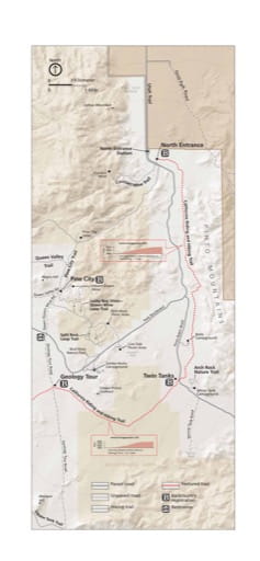 Detail map of the North Entrance area in Joshua Tree National Park (NP) in California. Published by the National Park Service (NPS).