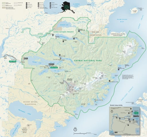 Official visitor map of Katmai National Park & Preserve (NP&PRES) in Alaska. Published by the National Park Service (NPS).