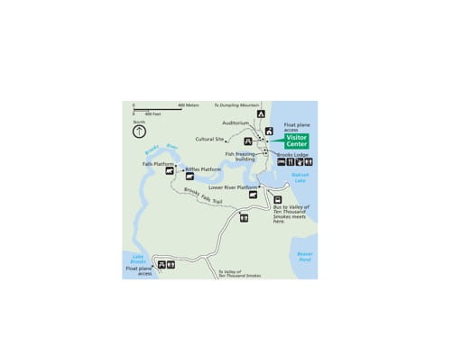Detail of the official visitor map of Katmai National Park & Preserve (NP & PRES) in Alaska. Published by the National Park Service (NPS).