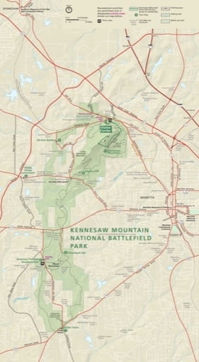 Official visitor map of Kennesaw Mountain National Battlefield Park (NBP) in Georgia. Published by the National Park Service (NPS).