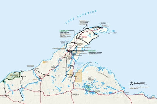 Official visitor map of Keweenaw National Historical Park (NHP) in Michigan. Published by the National Park Service (NPS).